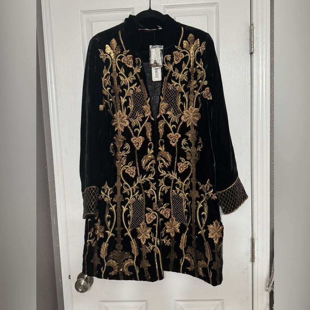 Soft Surroundings Black Velvet Jacket with Gold Detailing and Embroidery M